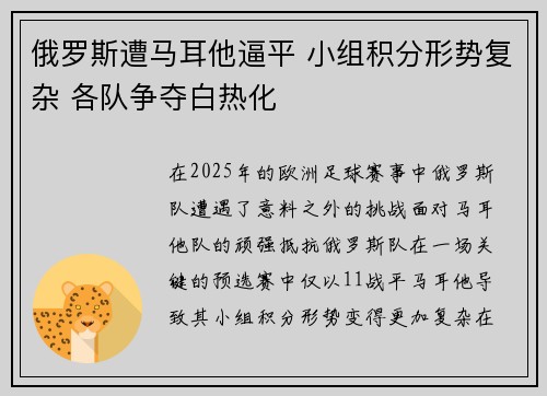 俄罗斯遭马耳他逼平 小组积分形势复杂 各队争夺白热化