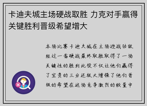 卡迪夫城主场硬战取胜 力克对手赢得关键胜利晋级希望增大