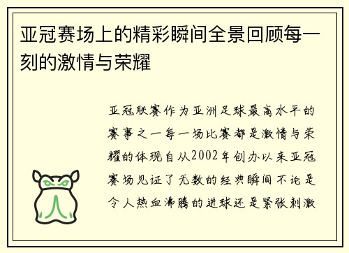 亚冠赛场上的精彩瞬间全景回顾每一刻的激情与荣耀