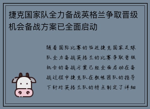 捷克国家队全力备战英格兰争取晋级机会备战方案已全面启动