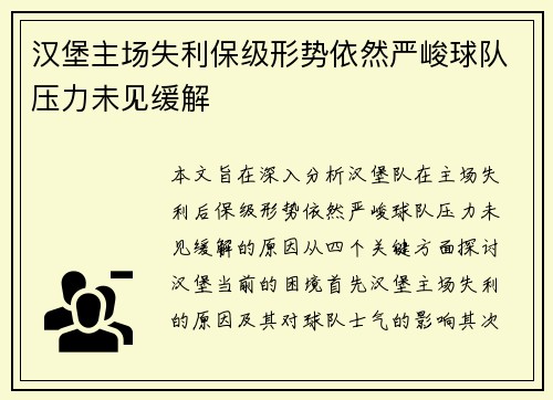 汉堡主场失利保级形势依然严峻球队压力未见缓解