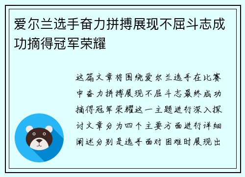 爱尔兰选手奋力拼搏展现不屈斗志成功摘得冠军荣耀