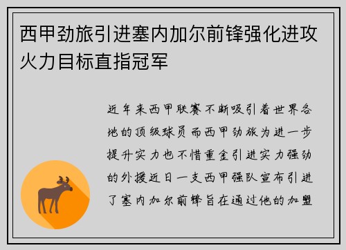 西甲劲旅引进塞内加尔前锋强化进攻火力目标直指冠军