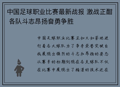 中国足球职业比赛最新战报 激战正酣 各队斗志昂扬奋勇争胜