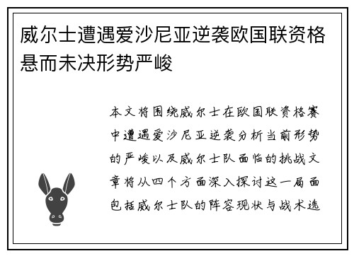 威尔士遭遇爱沙尼亚逆袭欧国联资格悬而未决形势严峻