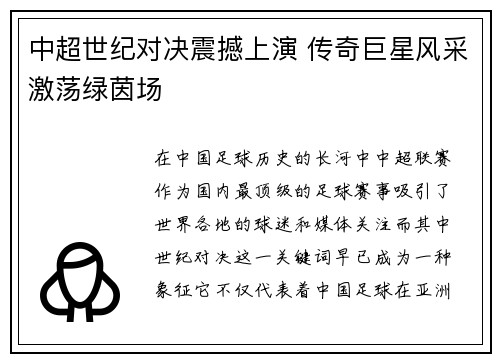 中超世纪对决震撼上演 传奇巨星风采激荡绿茵场