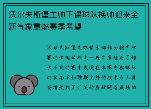 沃尔夫斯堡主帅下课球队换帅迎来全新气象重燃赛季希望